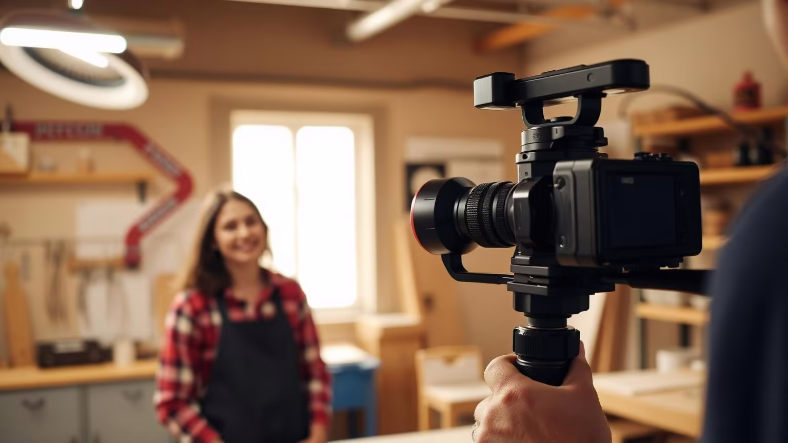 Kamerafrau mit Gimbal dreht vertikales Reel in heller Werkstatt
