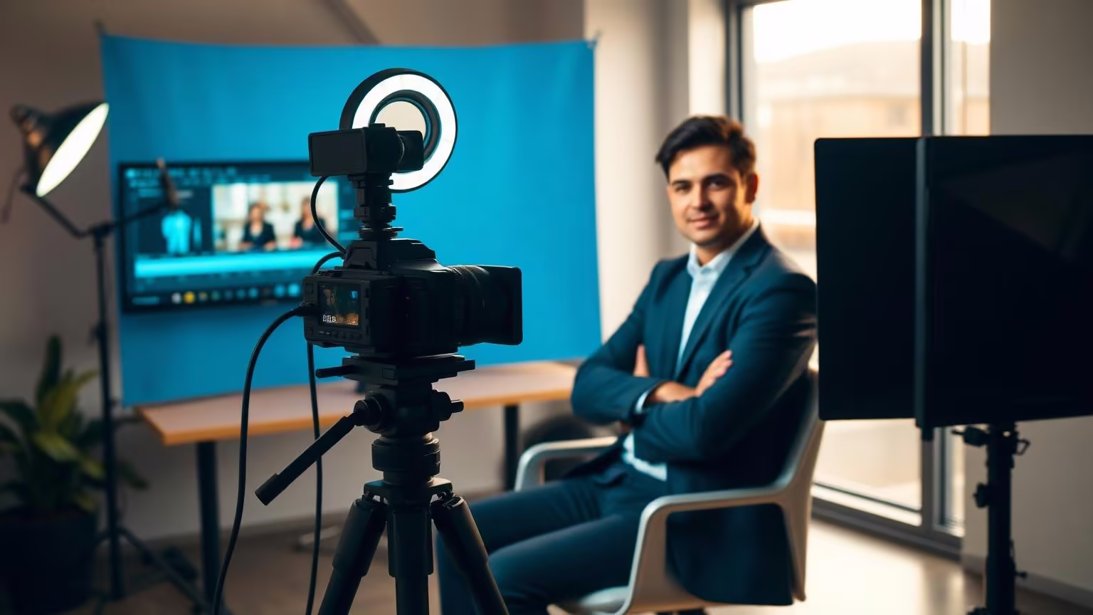 Professionelles YouTube-Studio-Setup in modernem Büro mit Kamera, Ringlicht und Host