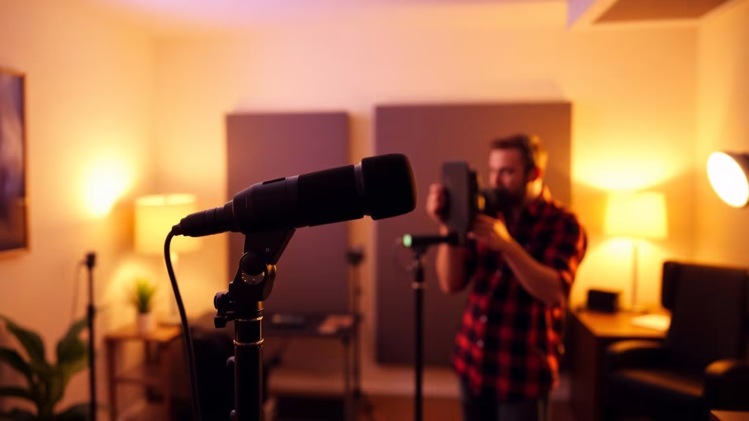 Broadcast-Mikrofon im Vordergrund, Kameramann baut mobiles Podcast-Studio im Büro auf